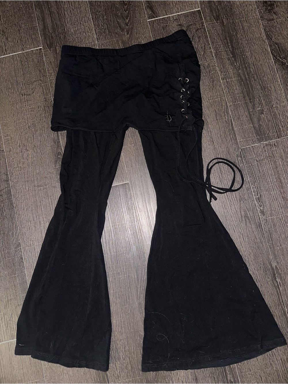 Darker Wavs Black Lace-Up Flared Yoga Pants with Skirt over